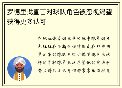 罗德里戈直言对球队角色被忽视渴望获得更多认可
