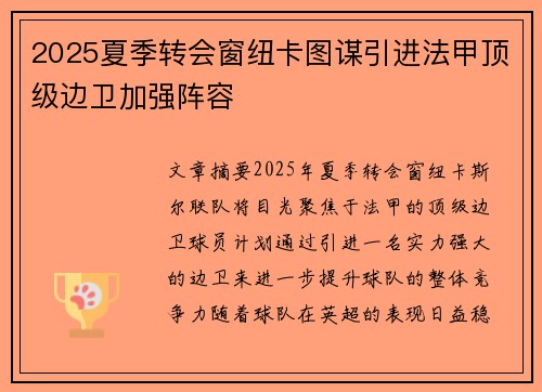 2025夏季转会窗纽卡图谋引进法甲顶级边卫加强阵容